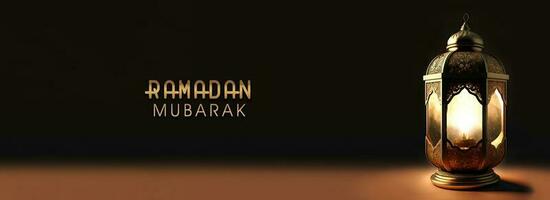 Ramadã Mubarak bandeira Projeto com realista iluminado árabe lanterna em Preto e Castanho fundo. 3d renderizar. foto