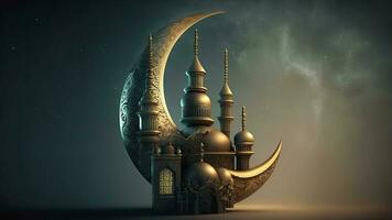3d render do requintado esculpido lua com mesquita em noite fundo. islâmico religioso conceito. foto