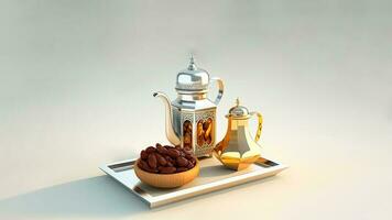 3d render do árabe chá ou café panelas e datas tigela em bandeja. islâmico religioso conceito foto