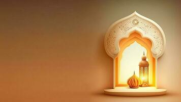 3d render do papel cortar mesquita janela com iluminado árabe luminária e cópia de espaço. islâmico religioso conceito. foto