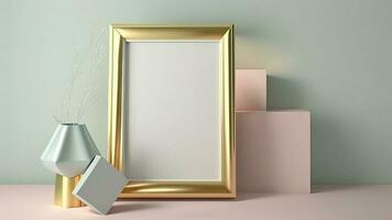 3d render do em branco dourado retângulo quadro, plantar Panela e geométrico maquetes. foto