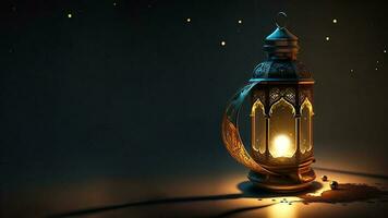 realista iluminado árabe lanterna em Sombrio fundo. islâmico religioso conceito. 3d renderizar. foto