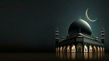 3d render do requintado mesquita com crescente lua dentro noite. islâmico religioso conceito. foto