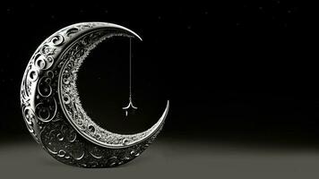 3d render do prata requintado crescente lua com suspensão Estrela em Preto fundo. islâmico religioso conceito. foto