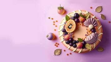 3d renderizar, lindo bolo decorado com frutas em luz roxa fundo. foto