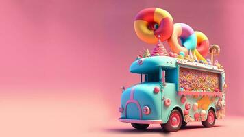 3d renderizar, fantasia colorida Comida caminhão do doce terra contra colorida fundo. foto