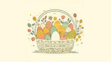 doddle estilo Páscoa ovo dentro floral cesta contra pastel amarelo fundo e cópia de espaço. feliz Páscoa dia conceito. foto