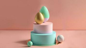 3d render do suave cor ovos em circular pódio contra pastel Rosa fundo e cópia de espaço. feliz mais fácil dia conceito. foto