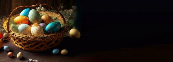 3d render do brilhando colorida Páscoa ovos cesta com floral ramo em Castanho de madeira textura fundo e cópia de espaço. feliz Páscoa dia conceito. foto