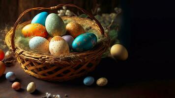 3d render do brilhando colorida Páscoa ovos cesta em Castanho de madeira textura fundo e cópia de espaço. feliz Páscoa dia conceito. foto