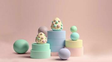 3d render do pastel cor ovos em circular pódio contra pastel Rosa fundo e cópia de espaço. feliz mais fácil dia conceito. foto