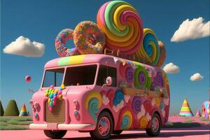 3d renderizar, fantasia colorida Comida caminhão do doce terra. foto