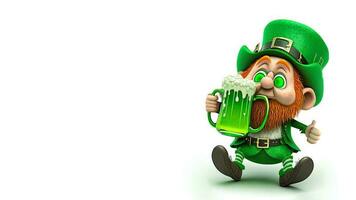 3d render do duende homem personagem bebendo Cerveja dentro sentado pose e cópia de espaço. st. patrick's dia conceito. foto