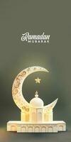 Ramadã Mubarak vertical bandeira projeto, 3d render do lindo mesquita com crescente lua, Estrela em pastel Oliva verde fundo. foto