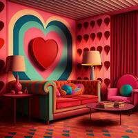 opulento quarto interior fundo com coração padrão, ampla sofá e volta mesa. 3d render retro romântico conceito. foto