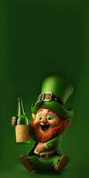 3d render do alegre duende homem segurando vinho garrafa dentro sentado pose em verde fundo. st. patrick's dia conceito. foto