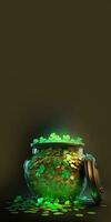 3d renderizar, artigos de vidro Panela cheio do dourado moedas com trevo folhas em Sombrio Castanho fundo. st. patrick's dia conceito. foto