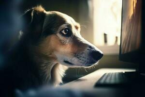 cachorro olhando computador portátil. gerar ai foto