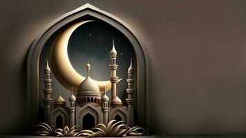 3d render do requintado mesquita com crescente lua dentro janela arco. islâmico religioso conceito. foto