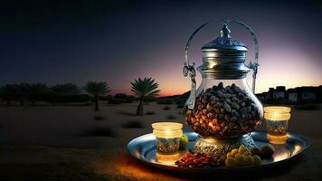 3d render do árabe Panela com aceso lanternas, seco frutas em bandeja cópia de espaço. islâmico religioso conceito. foto