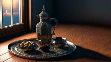 3d render do árabe jarro com frutas em prata bandeja e realista crescente lua. islâmico religioso conceito. foto