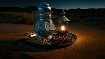 3d render do prata árabe jarro com vidro jarra, seco frutas em prato contra areia duna. islâmico religioso conceito. foto
