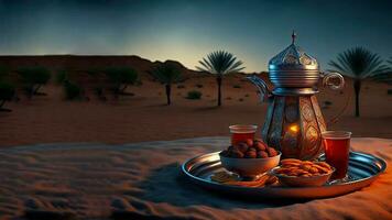 3d render do prata árabe jarro com vidro, seco frutas em prato contra areia duna. islâmico religioso conceito. foto