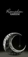 Ramadã kareem bandeira Projeto com prata brilhante texto, 3d render do requintado crescente lua e suspensão Estrela em Preto fundo. foto