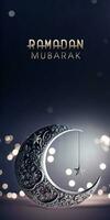 Ramadã Mubarak bandeira projeto, 3d render do requintado crescente lua com suspensão Estrela em bokeh fundo. foto