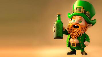 3d render do alegre duende homem personagem segurando álcool garrafa e cópia de espaço. st. patrick's dia conceito. foto