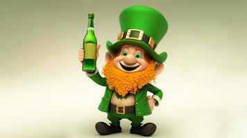 3d render do alegre duende homem personagem segurando álcool garrafa em pastel verde fundo. st. patrick's dia conceito. foto