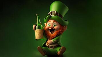 3d render do alegre duende homem segurando vinho garrafa dentro sentado pose em verde fundo. st. patrick's dia conceito. foto