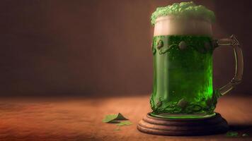 3d render do verde espuma beber caneca em pedestal e Castanho grunge fundo com cópia de espaço. st. patrick's dia conceito. foto