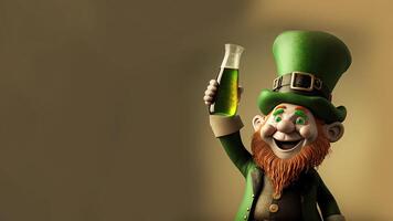 3d render do alegre duende homem desfrutando beber em Castanho fundo e cópia de espaço. st. patrick's dia conceito. foto