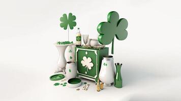 3d composição do seguro caixa com vasos, trevo folhas e decorativo elementos. st. patrick's dia conceito. foto
