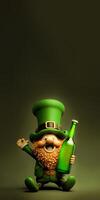 3d render do alegre duende homem segurando álcool garrafa em Oliva verde fundo. st. patrick's dia conceito. foto