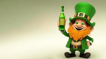 3d render do alegre duende homem personagem segurando álcool garrafa em pastel verde fundo. st. patrick's dia conceito. foto