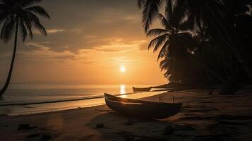 canoa em uma arenoso tropical de praia às pôr do sol ai gerado foto