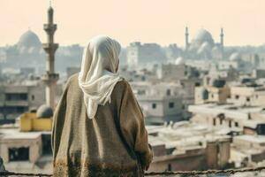 pessoa velho mulher egípcio cidade. gerar ai foto