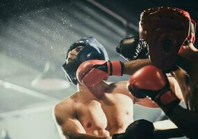 boxer usar vários soco combinações, Incluindo a jab, gancho, gancho, cruzar, balanço, direto. obtendo dentro fechar para faço oponente em cordas e suprimir. boxe campeões ganhar a volta dentro boxe anel foto