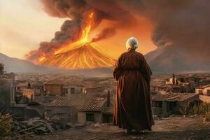 antigo grego vulcão erupção velho mulher. gerar ai foto