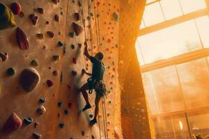 jovem mulher Rocha escalando. gerar ai foto