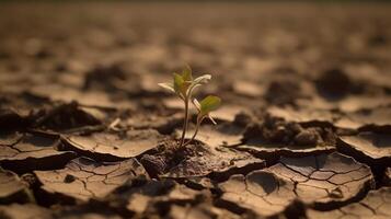 a conceito do de Meio Ambiente restauração a crescimento do mudas em rachado solo, rachado solo dentro a seco estação afetado de global aquecimento causas clima mudar, água escassez. generativo ai foto