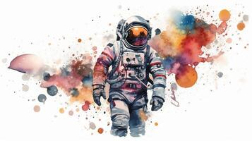 astronauta e universo planetas aguarela branco fundo generativo ai foto