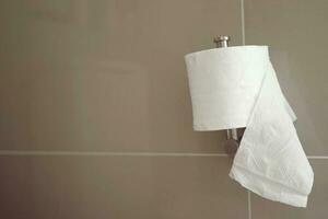 a lenço de papel papel estava colocada em a banheiro tigela dentro a banheiro. foto