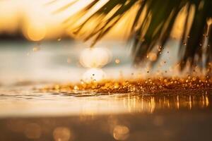 lindo fundo para verão período de férias e viagem. dourado areia do tropical praia, embaçado Palma folhas e bokeh luzes em água em ensolarado dia. ai generativo foto