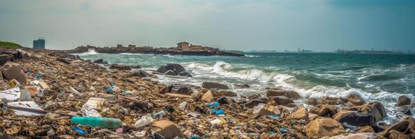 de praia cheio do lixo e plástico desperdício Como Largo bandeira para de Meio Ambiente e reciclar conceitos. ai generativo foto