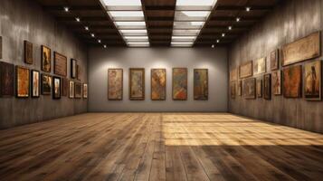 espaçoso arte galeria preenchidas com uma diverso coleção do pinturas. generativo ai foto