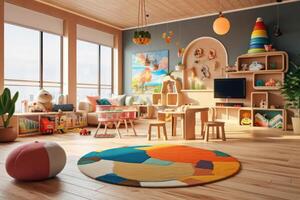 colorida e brincalhão crianças sala de jogos preenchidas com brinquedos e mobiliário. generativo ai foto