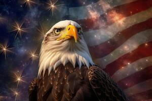 uma Careca Águia com a americano bandeira dentro a fundo, com uma estrelado céu. generativo ai foto